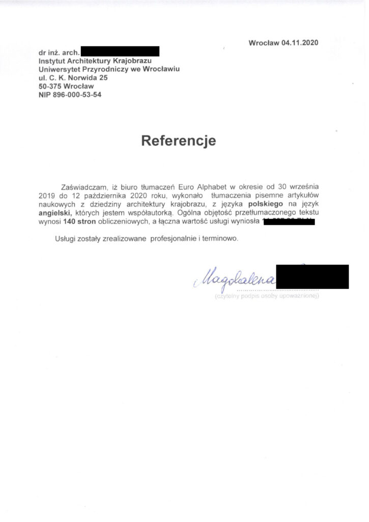 referencje | Uniwersytet Przyrodniczy we Wrocławiu